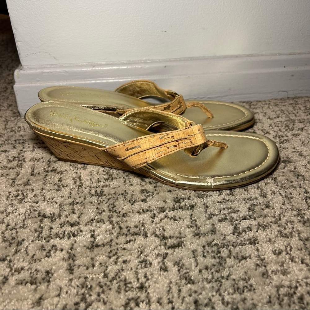 Lilly Pulitzer Gold Metallic Mckim Wedge Sandals Size 9.5